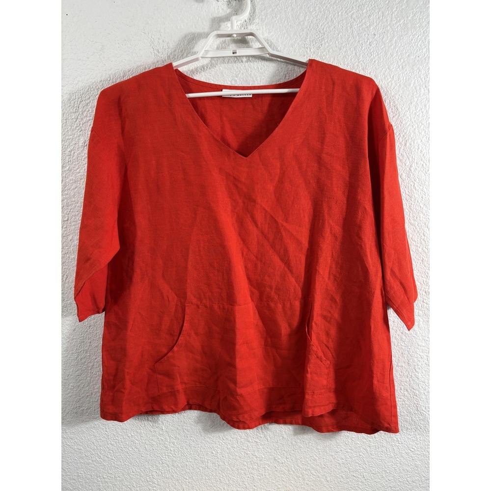 Bryn Walker Tunic Blouse Womens Small‎ Orange Linen Lagenlook Top Pockets